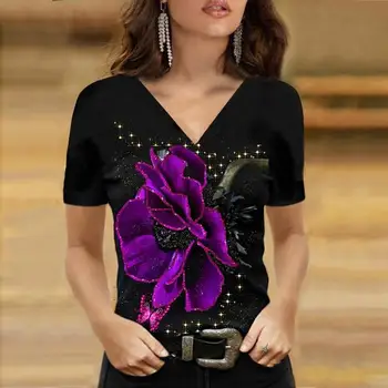 2022 Yaz kadın Soyut Çiçek Tema Baskılı T Shirt 3D baskı tablo Kısa Kollu V Boyun Üstleri Yeni Tasarım Artı Boyutu