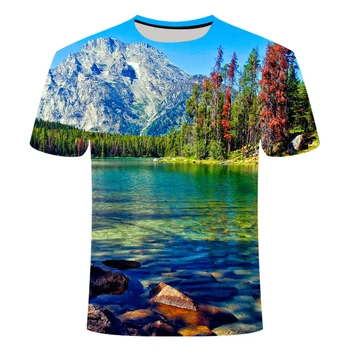 Dağlar ve nehirler T-shirt erkek moda doğal manzara T-shirt Serin rahat 3D baskı T-shirt