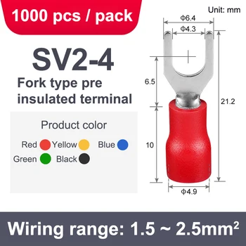 1000 adet / paket SV2 - 4 Pirinç U Çatal Tipi PVC Yalıtımlı Kılıflı Blok Kürek Soğuk Preslenmiş Terminali