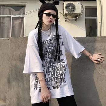Yaz Pamuk Harajukus Yüksek Sokak T-shirt Kadın Rahat Gevşek Mektup Graffiti Tshirt Boy Kısa Kollu Tees Y2K Üst Femme