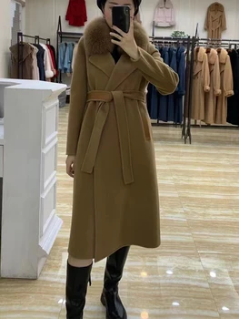 2022 Kış Moda Kadın Yün Palto Gerçek Tilki Kürk Yaka Uzun Yün Kadın Ceket Sıcak Yün Ceket Ayrılabilir Tilki Kürk Yaka