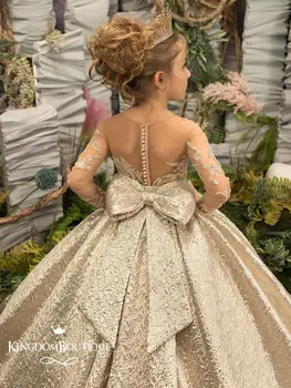 Altın Çiçek Kız Elbise Büyük Yay Aplikler Tam Illusion Kollu Doğum Günü Düğün Tatil Nedime Elbisesi