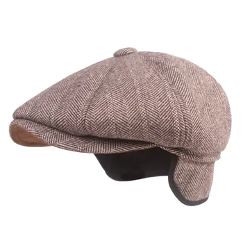 Bereliler Erkekler Sonbahar Kış Şapka Sıcak Erkek Kış Kulaklığı Kap Vintage Ivy Newsboy Düz Kap Yaşlı Adam Baba Şapka Kulak Flap Bere Kap