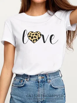Aşk Suluboya Leopar Kalp Dudaklar Grafik Kısa Kollu gömlek Moda Kadın Yaz Giyim Giysi Kawaii Temel Tee Üst