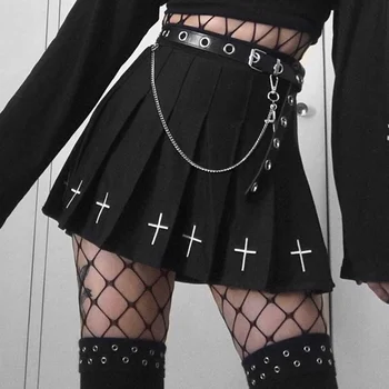 Yüksek Belli Mini Siyah Etek Takım Elbise Punk Tarzı Streetwear Crossover Takım Pilili Etek Rahat Kolej Harajuku A-line Etek