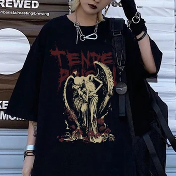 Kadın T Shirt Hip Hop Streetwear Tops Gotik Şeytan Melek Vintage Baskı T Shirt Kadın Yaz Punk Büyük Boy T - shirt Casual Tees