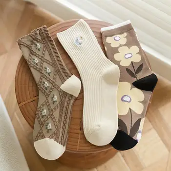 3 Çift / grup Nefes kadın çorap işlemeli kız kolej tarzı pamuk çorap Kahve Beyaz Çiçek ince Çorap