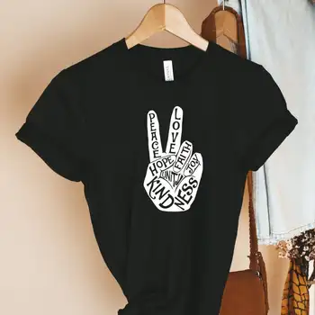 Barış T shirt, barış aşk iyilik birlik sevinç inanç tshirt unisex Yoga meditasyon onun onun için hediye O Boyun Kısa Kollu Üst Tees