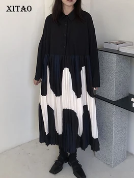 XITAO Pilili Patchwork Elbise Kadınlar Kore 2022 Sonbahar Yeni Kişilik Moda Gevşek Turn-aşağı Yaka Tam Kollu Elbise WMD4479