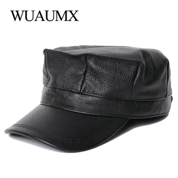 Wuaumx Cowskin Askeri Şapka Erkek Kadın Kış Kulaklığı beyzbol şapkası Düz Üst Hakiki Deri Newsboy Şapka erkek Inek Deri Sekizgen Şapka