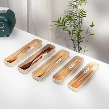 Ahşap çatal bıçak kaşık seti Kaşık Çatal Çubuklarını Sofra Taşınabilir Kutu Bez Çanta Seyahat Taşınabilir Yemek Takımı Mutfak Aksesuarları
