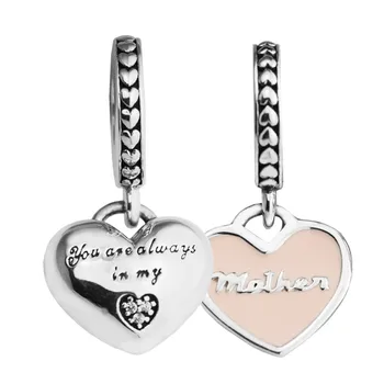 Anne ve Kızı Kalpler kolye uçları Zincir Bilezikler için Yumuşak Pembe Emaye ve Temizle CZ Aile Aşk 925 Ayar Gümüş Takı