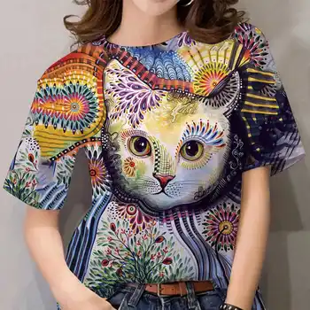 Yaz T-shirt Kadın 3D Baskı Sevimli Kedi Kısa Kollu Üst 2022 Moda Harajuku Kawaii Hayvan T Shirt Büyük Boy Gevşek Y2k Giysi