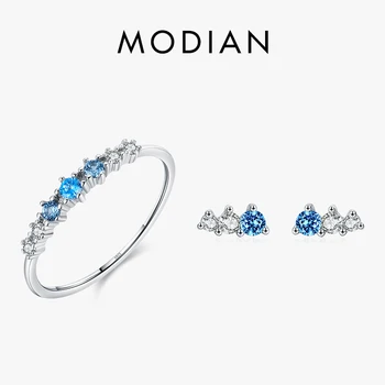 Modian Basit Ince Mavi Parlak Zirkonya Moda Yüzük 925 Ayar Gümüş Charm Güzel Saplama Küpe Kadınlar Için kadın mücevheratı Setleri