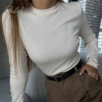 Ordifree 2022 Sonbahar Kadın T-shirt Uzun Kollu İnce Rahat Temel T Shirt Kadın Tişörtleri Seksi Üstleri