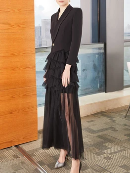 TWOTWINSTYLE Patchwork Mesh Blazer Elbise Kadınlar Için Çentikli Yaka Uzun Kollu Katı Dantelli Midi Elbiseler Kadın Giyim Moda