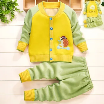 Bebek Takım Elbise Hırka Karikatür Kazak Pijama Seti Sonbahar Kış Artı Kadife Giyim Seti 2021 Bebek Erkek Kız 1 2 yıl gündelik giyim