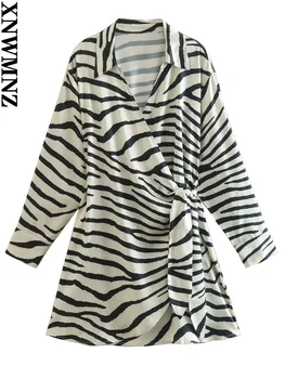 XNWMNZ 2022 Kadın Moda Zebra Baskı Dantel-Up Wrap Elbise Kadın Retro Uzun Kollu Geri Bel Elastik Kadın Şık Mini Elbiseler