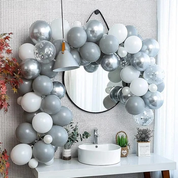 82 adet Pastel Gri Beyaz Balon Garland Kiti Metalik Gümüş Alüminyum Folyo Balon Düğün Doğum Günü Partisi Bebek duş dekorasyonu