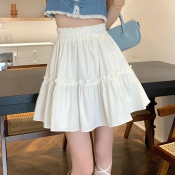HOUZHOU Kawaii Sevimli Mini Etek Kadın Kore Moda Patchwork Fairycore Yüksek Bel Kabarık Beyaz Etek Tatil Kıyafetler Yaz