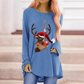 Noel Ren Geyiği Baskı Gömlek Uzun Kollu Kadın Üstleri Artı Boyutu Rahat Kazak Yuvarlak Boyun Sonbahar Gevşek Bluz blusas mujer