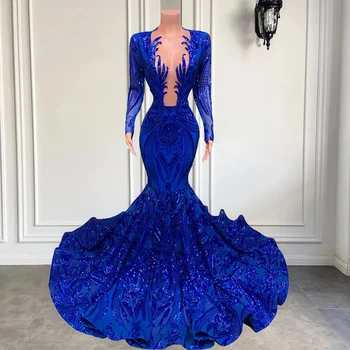 Kraliyet Mavi Balo Elbise V Boyun Mermaid Glitter Parlak Abiye 2023 Afrika Amerikan Parti Elbise Yaz Vestidos De Fies