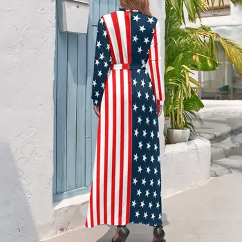 Iki Ton Elimden Elbise Amerikan Bayrağı Yıldız ve Çizgili Seksi Baskı Maxi Elbise Lady Uzun Kollu Temel Plaj Uzun Elbiseler Sıcak Satış