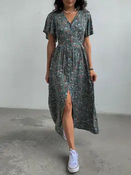 Boho Fransız Tarzı Çiçek Baskılı Elbise Kadın V Yaka Zarif Dantel-up Sundress Yaz Elegantes Para Mujer 2022 Maxi Elbise Vestido