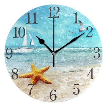 Deniz Yıldızı Sessiz Olmayan Geçiyor Yuvarlak Duvar Saat Pil İşletilen Mavi Beach Asılı Salon Dekor İçin Sessiz Masası Saat İzle
