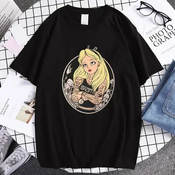 Alice İn Wonderland T Shirt Kadın pamuklu üst giyim Siyah Alice Erkek T Shirt Prenses Baskı Rahat Kısa Kollu 90s Sevimli T-shirt Femme