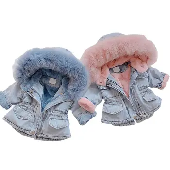 Bebek Kız Kış Denim Ceket Kalınlaşmak Sıcak Artı Kadife Rüzgarlık Giyim Ceket Kapşonlu Çocuk Giyim Çocuklar Parka 2 3 4 5 6