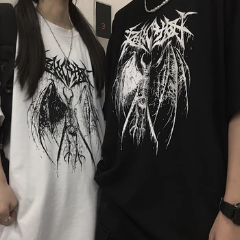 Kadın T-shirt Harajuku Y2K En Büyük Boy T Shirt Retro Kore Tarzı Siyah Şeytan Punk Gotik Anime Baskı Elbise Streetwear