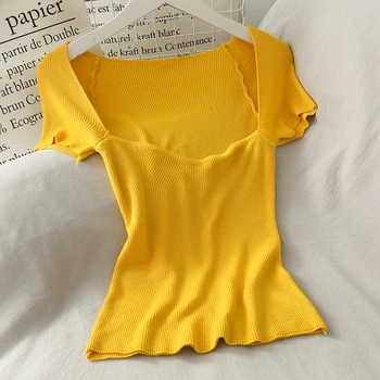 Kadınlar Derin Kare Yaka Kısa Kollu T-Shirt Kırpma Üstleri Kızlar Örme Sıkı Kırpılmış Kılıf Katı Seksi Tee Gömlek Kadın