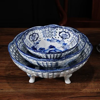 Jingdezhen deldi seramik meyve tabağı handpainted mavi ve beyaz meyve tabağı oturma odası çay masası süsler yaratıcı ev