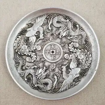 Çin Antika Bakır Masaüstü Oyuncak Dekorasyon Aksesuarları Antika el sanatları dünya Taiping ejderha ve phoenix plaka