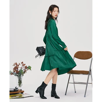 Toyouth Kadın Elbise 2022 Sonbahar Uzun Kollu Sivri Yaka Yüksek Bel Yeşil Uzun Etek Zarif Vintage Midi Elbiseler