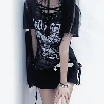 Bayan Gotik Kafatası Kartal Baskı Kuşgözü V Boyun T-shirt Punk Kadın Harajuku İnce T Shirt Yaz Dantel - up Üst Kore Moda Kumaş