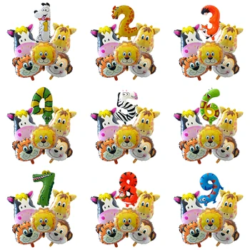 6 adet Orman Hayvan Maymun Aslan Folyo Balon Seti Karikatür Numarası 0-9 Mutlu Doğum Günü Partisi Dekorasyon Bebek Duş Zemin Malzemeleri