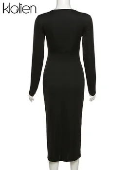 KLALIEN Moda Seksi Hollow Out İnce Maxi Elbise Kadın Sonbahar Basit Katı Siyah Streetwear Plaj Tatil doğum günü partisi elbisesi